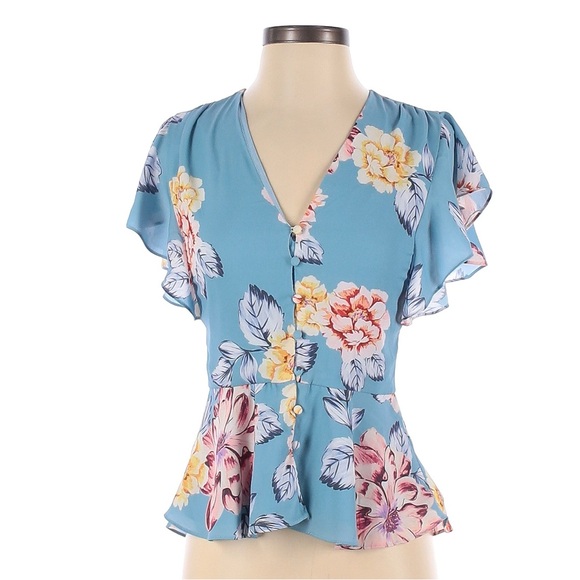 Yumi Kim Tops - Yumi Kim Light Blue Ruffle Peplum Floral Top